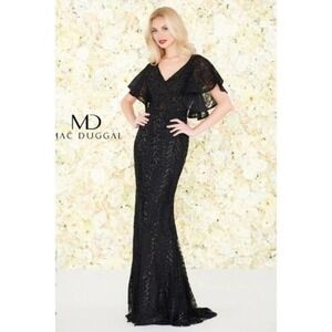 Mac Duggal 20103 Black Sequin Flutter Sleeve Evening Gown Size 4 NWT